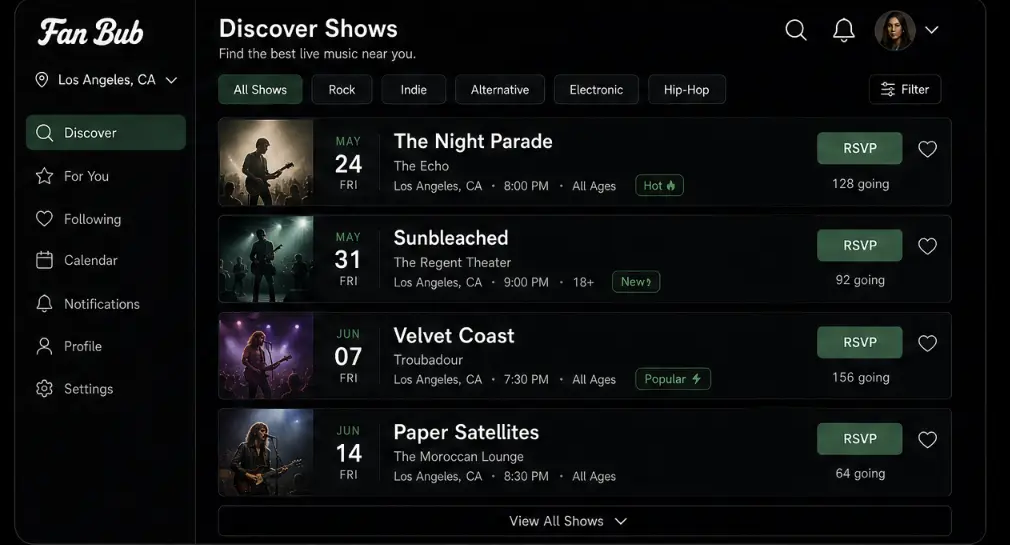 Fan Bub discovery feed with public event cards and RSVP controls.